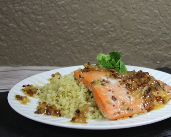 Easy Grilled Salmon recipe topped with caramelized Onions. Dairy free. Quick and healthy weeknight dinner, perfect for grilling season! 